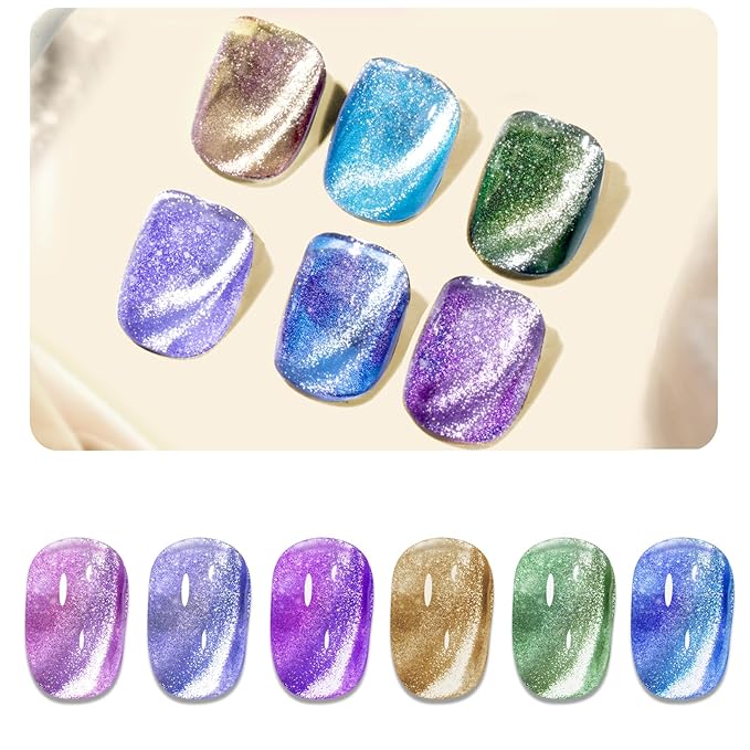 Clara Colors Cat Eye Gel Nail Polish Set, 6 Colors Autumn Romantic Galaxy Series Magnetic Nail Polish Holographic Glitter Cat Eye Gel Polish Kit with Magnet Long Lasting Soak Off UV LED