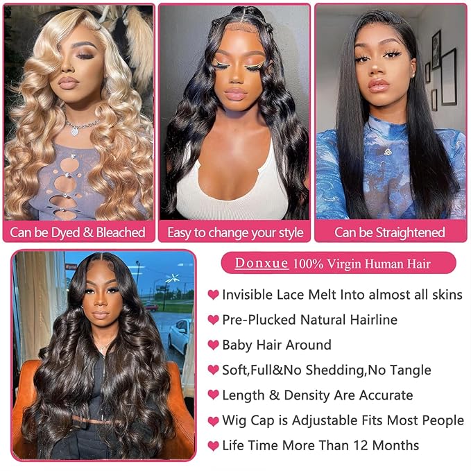 13x6 Lace Front Wigs Human Hair Body Wave - Pre Plucked, 22 Inch, Black