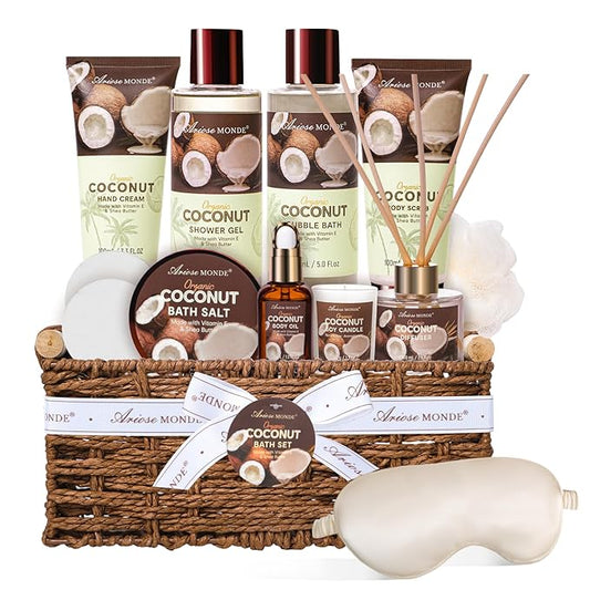 Spa Gift Baskets for Women, Coconut Bath Gift Set for Women Include Bubble Bath, Shower Steamers, Bath Salt. Bath and Body Spa Kit, Mom Birthday Gifts from Daughter, Birthday Gift Basket for Mom