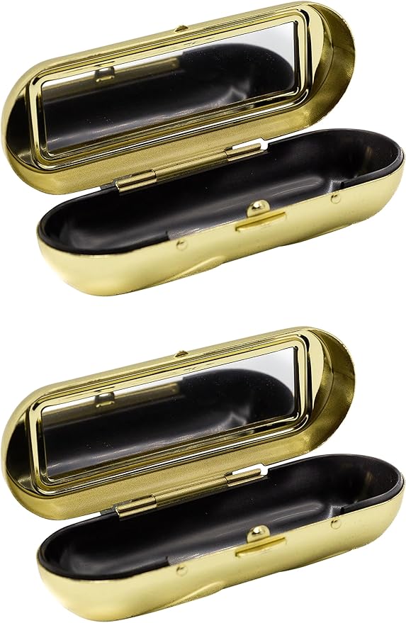 Stephanie Imports Set of 2 Capsule Shaped Lipstick Cases With Glass Mirror (Gold Bands)