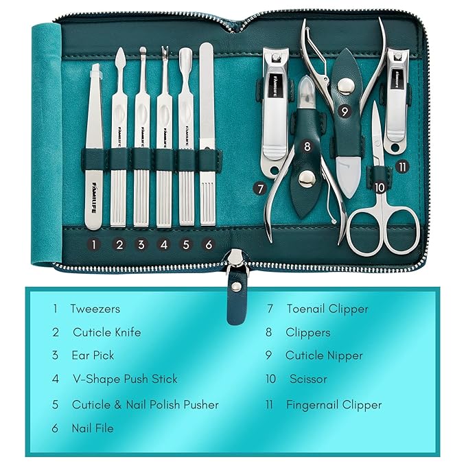 FAMILIFE Nail Kit, Professional Manicure Set Manicure Kit, 11 in 1 Stainless Steel Nail Clippers Set Pedicure Tools, Men Grooming Tool with Portable Blue Leather Travel Case Luxury Gifts for Him