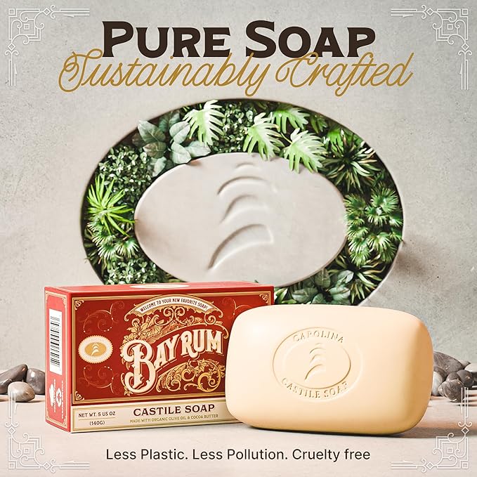 Carolina Castile Soap Vegan Bay Rum Castile Bar Soap – 3 Bars of Natural Soap for Men, Women, and Kids – Gentle, Hydrating Castile Soap Bars with Organic Cocoa Butter and Olive Oil, 5 Oz. Each