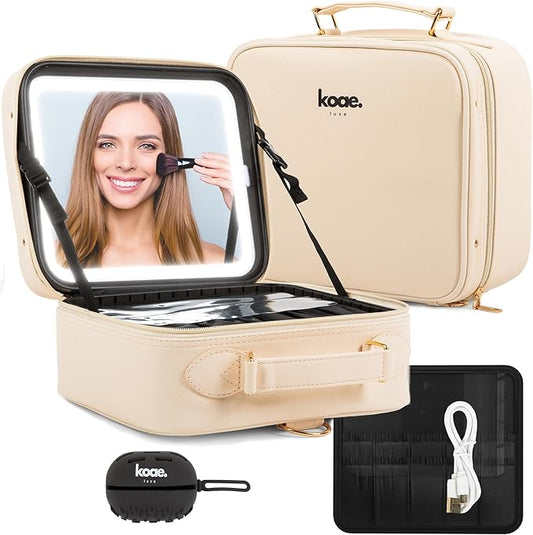 Makeup Bag with LED Mirror - Portable Makeup Case with Lighted Mirror & Adjustable Dividers, Makeup Bag with Light Up Mirror, 3 Color Setting Train Case Cosmetic Bag Organizer