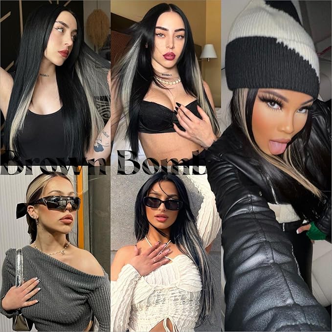 Black Blond Skunk Stripe Wear and Go Glueless Wigs Pre Plucked Pre Cut for Beginners Synthetic Lace Front Wigs With Bangs Long Straight layered Wigs Highlights 26 Inch 3 Seconds to Wear