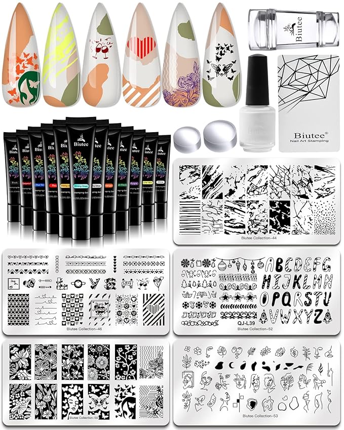 SEISSO 12 Colors Nail Stamping Polish Gels+5Pcs Stamp Print Templates+1 Peel Off Nail Tape Stamp Latex+1 Stamper with Scraper, Stamping Nail Polish Art Set Manicure Gift Collection