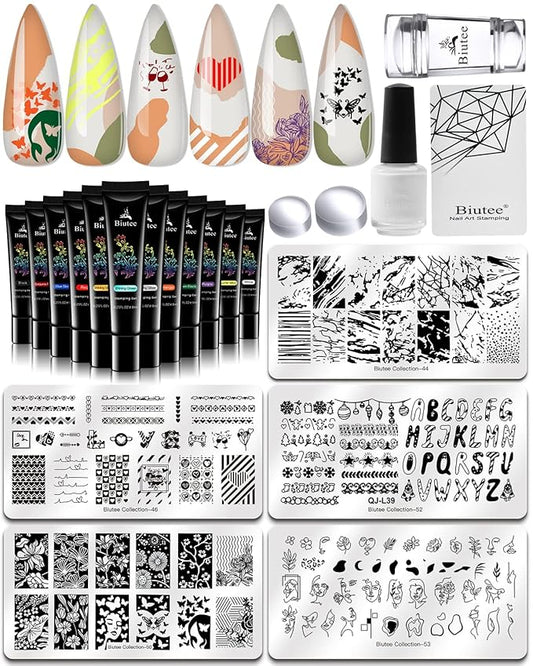 SEISSO 12 Colors Nail Stamping Polish Gels+5Pcs Stamp Print Templates+1 Peel Off Nail Tape Stamp Latex+1 Stamper with Scraper, Stamping Nail Polish Art Set Manicure Gift Collection