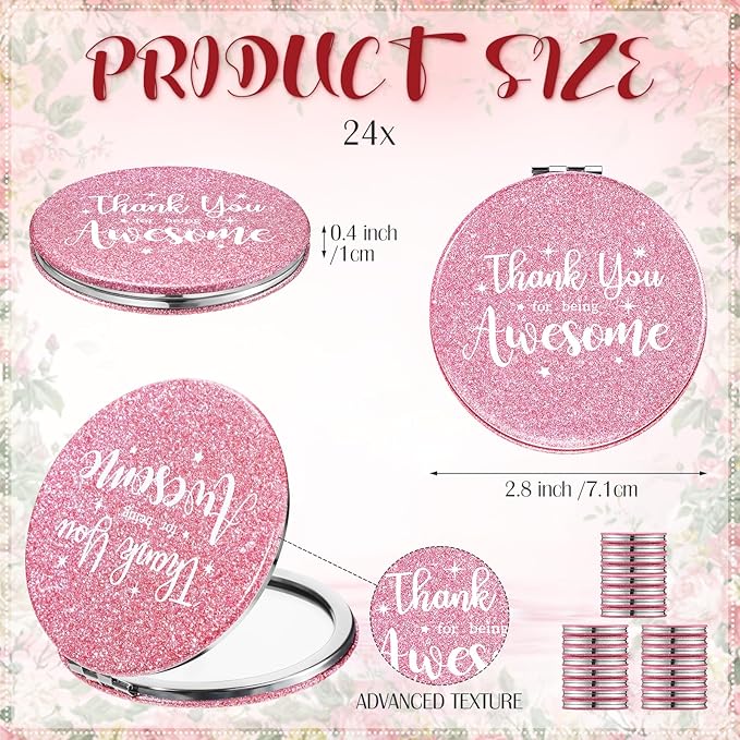 Thyle 24 Pcs Pink Inspirational Compact Mirror Gifts for Women Thank You for Being Awesome Travel Bling Pocket Mirror Bulk Double Sided for Mother's Day Employee Coworker Birthday Female Gifts
