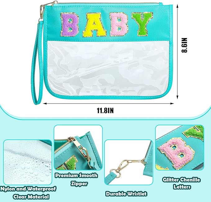 Buryeah 4 Pcs Chenille Letter Pouch Flat Nylon Clear Snack Bags Flat Multipurpose Zipper Makeup Bag for Travel Toiletry Bag Water-proof Cosmetic Pouch for Women(Simple Style)