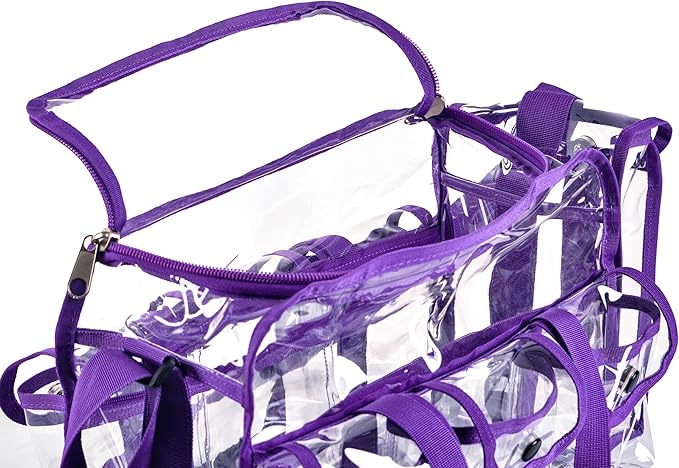 Wide Mouth Large Professional Clear PVC Travel Makeup Artist Set Bag Cosmetic Nails Beauty Bag Transparent Vinyl Tool Organizer Beach Bags Diaper Bags with 6 External Pockets & Strap (Purple)