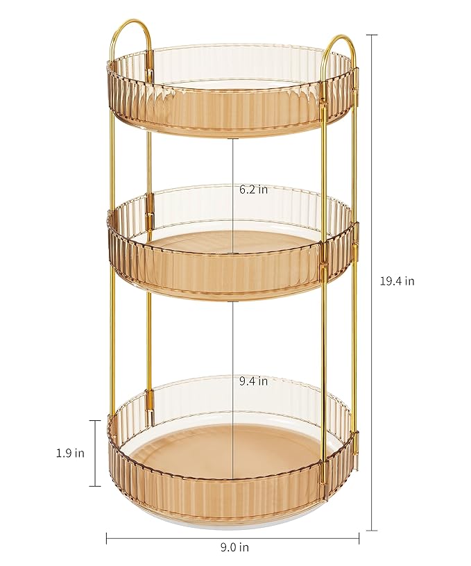 360 Rotating Makeup Organizer Countertop 3 Tier Bathroom Organizer Spinning Perfume Organizers, Skincare Organizers Makeup Carousel Cosmetic Brush Storage for Vanity, Countertop, Gold