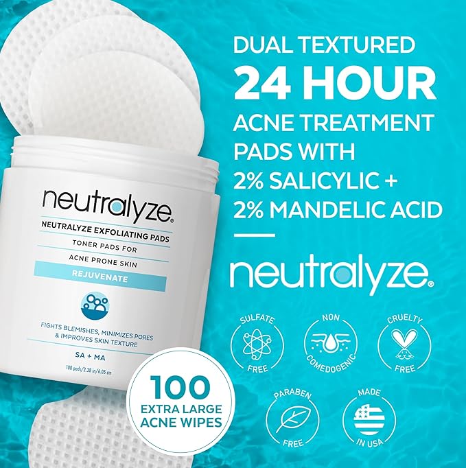 Maximum Strength Acne Treatment Pads (100 Count) - Dual Textured, Professional Grade Acne Wipes with 2% Mandelic Acid & 2% Salicylic Acid
