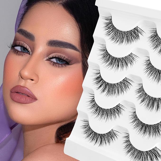 Wispy Lashes Natural Look Cat Eye Lash NINGLASH False Eyelashes Clear Band Fake Eyelash 14mm Faux Lashes Strips 5 Pairs Lash Pack