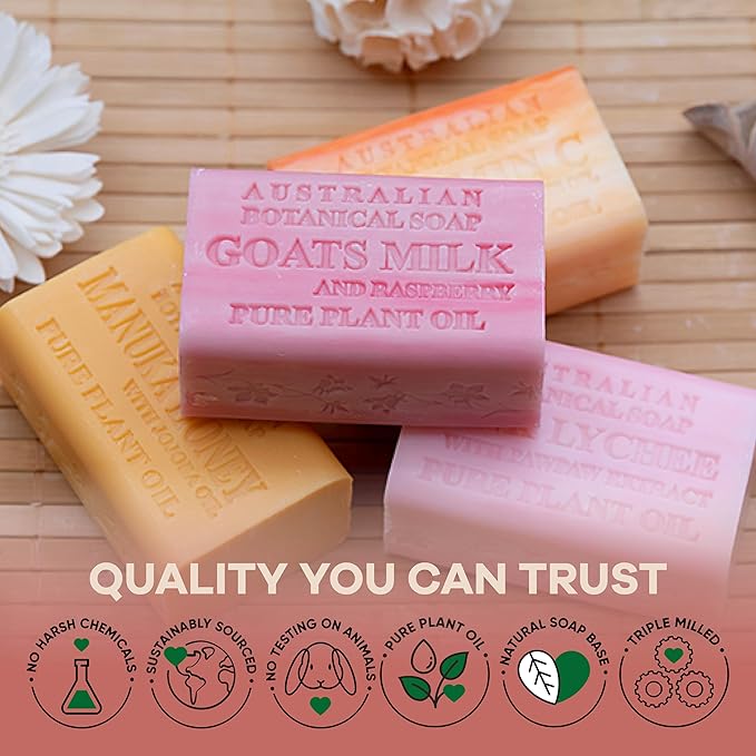 Australian Botanical Goats Milk Soap, Raspberry, Manuka Honey, Pink Lychee and Valencia Orange 6.6 OZ, Luxury Soap Bars Enriched with Shea Butter, Suitable for all Skin Types, Pack of 4