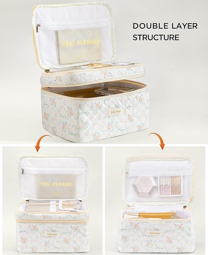 HBselect 2Pcs Travel Makeup Bag, Large Cotton Quilted Makeup Bag Cosmetic Bag Cute Make up Bag Toiletry Bags for Women Girls