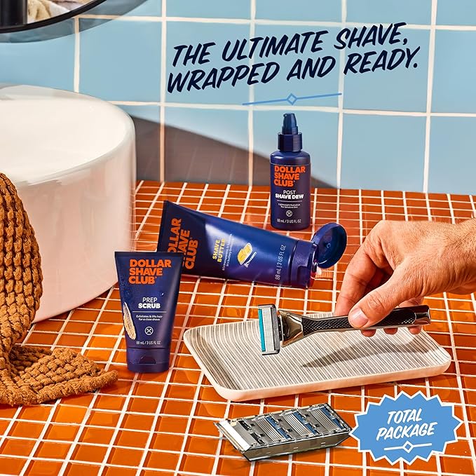 Dollar Shave Club | The Total Package Gift Set | 4 Swift Rinse Refill Cartridges, 1 Heavy Metal Handle, 1 Prep Scrub 3 ounce, 1 Shave Butter 3 ounce, 1 Post Shave Dew 3.4 ounce