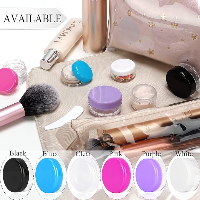 50PCS 3 Gram Sample Containers, 3ml Empty Jars with Lids, Small Cosmetic Containers, Mini Sample Jars with 4PCS Mini Spatulas for Make Up, Oils, Lotion, Powder, Paint, Jewelry, Lip Balms(Pink Lid)