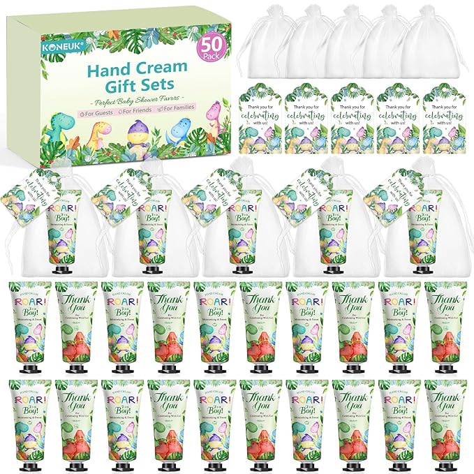 50 Pack Bulk Hand Cream Gifts Sets, Baby Shower Favors and Wedding Welcome Bag Stuffers for Guests with Thank You Card and Organza Gift Bags, Appreciation Gifts, Bridal Shower Favors (Dinosaur)