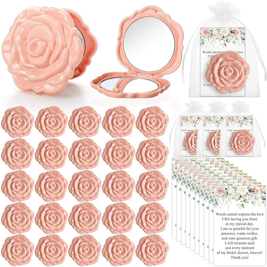 50 Sets Bridal Shower Party Favors for Guests Small Rose Compact Mirror Bulk Wedding Favors Thank You Cards and Organza Bags Wedding Party Guests Souvenir Gift (Pink Champagne)