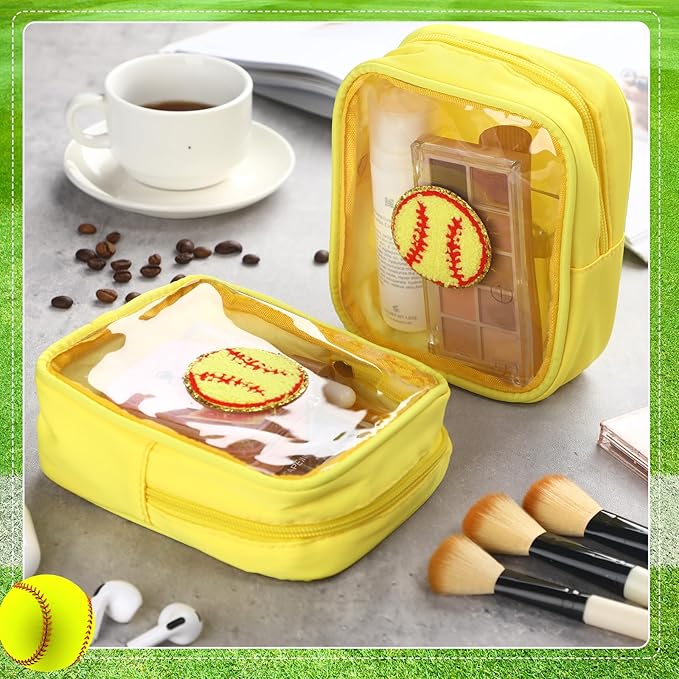 Reginary 12 Pcs Chenille Patch Gift Bags Senior Night Gift Bag Waterproof Travel Size Pack for Party Favors Team Stuff(Yellow,Softball)