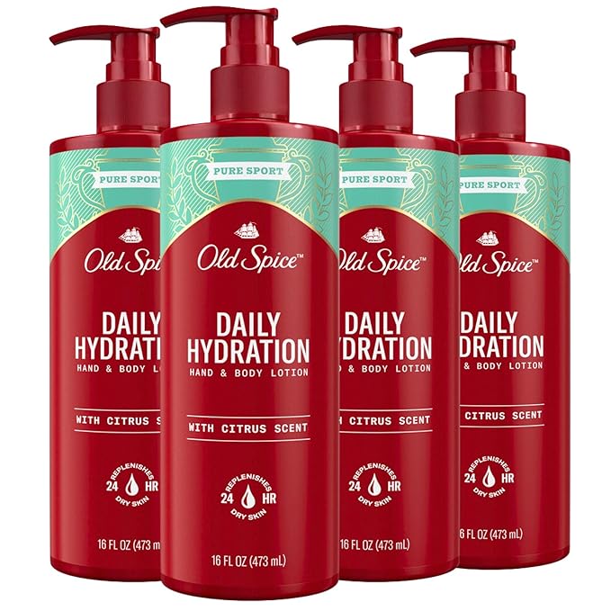 Old Spice Hand & Body Lotion for Men, Daily Hydration, 24/7 Hydration, 24/7 Replenishing Rich Moisture for Dry Skin, Lightweight Formula, Pure Sport with Citrus Scent, 16 fl (Pack of 4)