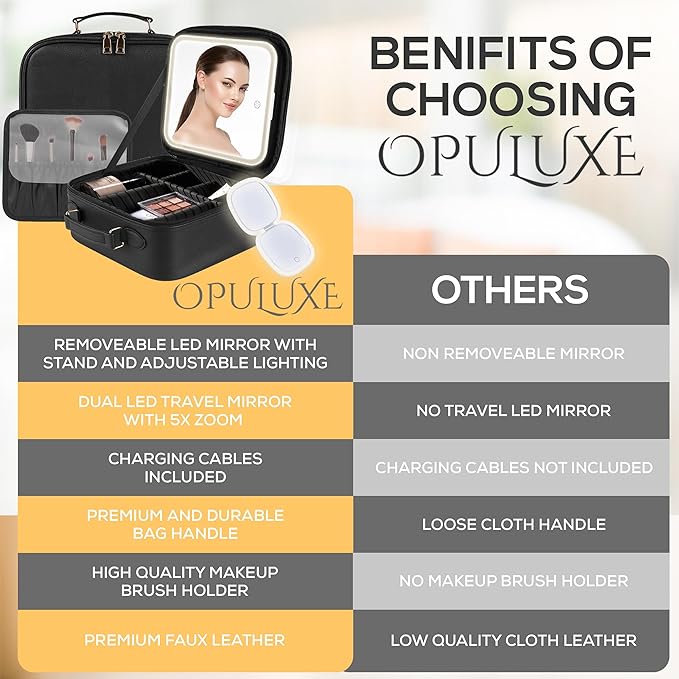 Makeup Bag Detachable LED Mirror With Stand 3 Adjustable Brightness 5x Zoom LED Travel Mirror Portable Cosmetics Case Brush Holder Organizer Adjustable Dividers Faux Leather Waterproof Gift