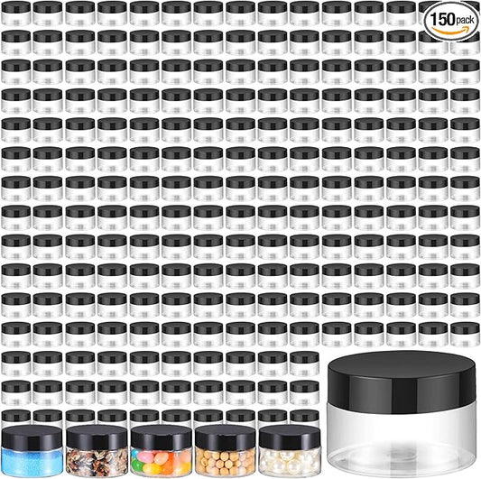 Aoriher 150 Pcs Plastic Container Jars with Lids Round Cosmetic Jars Empty Plastic Container for Lotion, Cream, Ointments, Makeup, Eye Shadow, Rhinestone, Samples, Pot, Travel Storage(1 oz,Black)