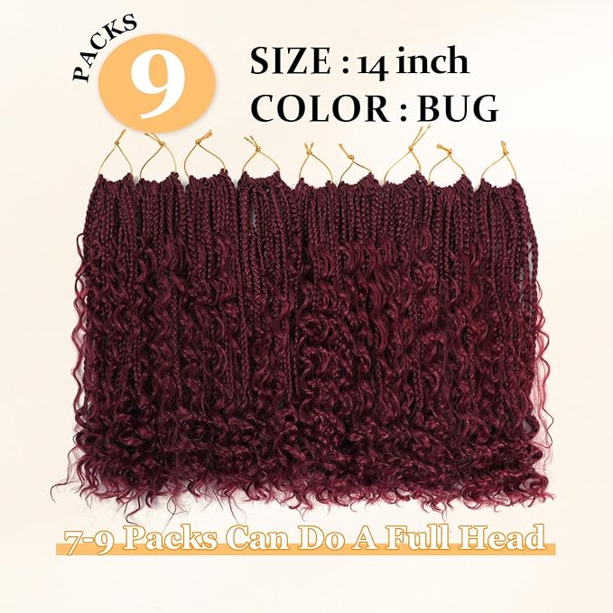 9 Packs Goddess Box Braids Crochet Hair 14 Inch Boho Crochet Box Braids With Curly Ends For Black Women, Bohomian Crochet Box Braids Pre Looped Box Braids Crochet Hair(14Inch 9Packs, BUG)