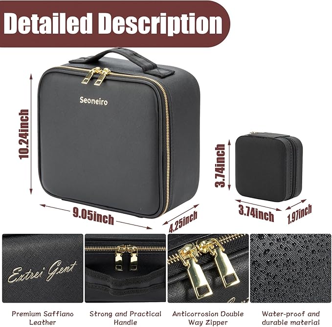 Makeup Travel Train Case with Mirror LED Light 3 Adjustable Brightness Cosmetic Bag Portable Storage Adjustable Partition Waterproof Brushes Makeup Jewelry Gift for Women, Black