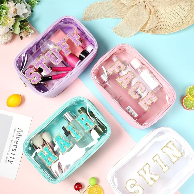 Pinkunn 4 Pcs Preppy Makeup Bags Christmas Chenille Letter Bag Face Skin Hair Stuff Cosmetic Bag Corduroy Makeup Pouch with Zipper Birthday Gifts for Women(Gentle Color)