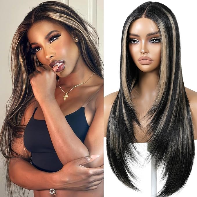 Black Wig With Bangs Wear and Go Glueless Synthetic Lace Front Highlight Wigs for Women Pre Plucked Pre Cut Layered Black and White Wig Ready to Wear Middle Part 26 Inch