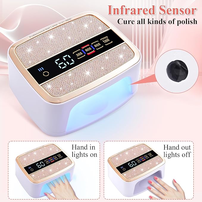 Cordless UV LED Nail Lamp, 168W UV Nail Light for Nail Polish, Portable Nail Dryer, Portable Nail Lamp with 4 Timers and LCD Display, Diamond Professional Nail Lamp for Home Salon Nail Art Tools