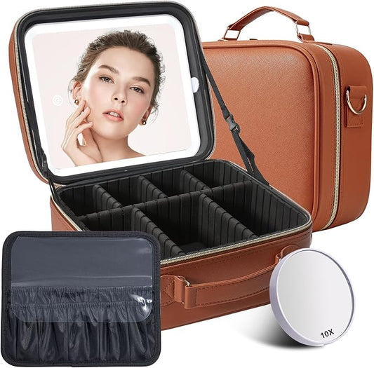 Mocado Travel Makeup Bag with LED Lighted Mirror, Travel Makeup Organizer, Makeup Case with 3 Color Lighted Setting and 10x Magnifying Mirror, Portable Storage and Adjustable Dividers(Orange Brown)