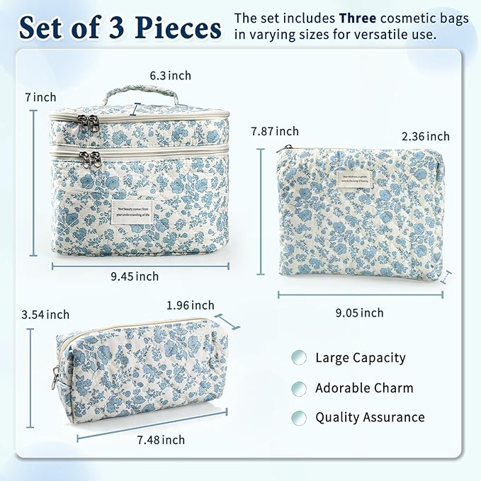 Cute Makeup Bag for Women(3 Pcs), Quilted Floral Coquette Aesthetic Make up Bags, Travel Cosmetic Bags Toiletry Organizer Bag (16 - Light Blue)