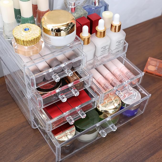 Cq acrylic Clear Make up Organizers and Storage for Vanity,2 Pcak Cute Skincare Organizer and Cosmetic Storage Organizer for Jewelry,Lipstick,Beauty,Skin Care Bathroom Counter Organizer With 5 Drawers