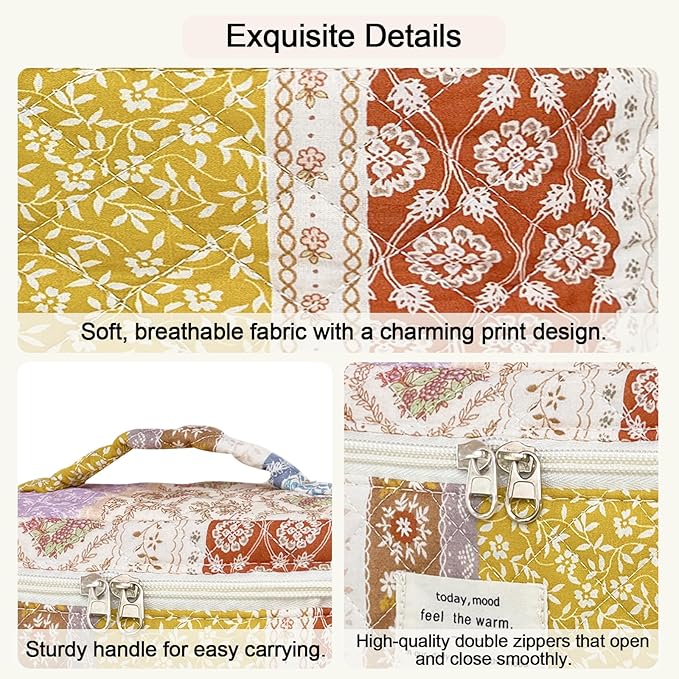 3Pcs Cotton Quilted Makeup Bag for Women Girls, Large Floral Cosmetic Bag Set Cute Makeup Brushes Aesthetic Accessories Storage Bag Travel Toiletry Bag Organizer for Women