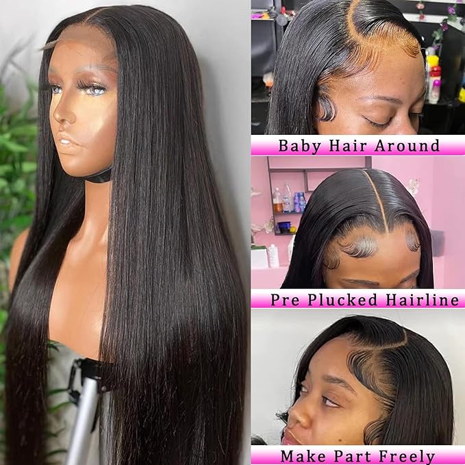 4x4 Lace Front Wigs Human Hair Pre Plucked 150% Density Straight Glueless Lace Frontal Wigs Human Hair for Black Women 4x4 Brazilian Virgin HD Lace Closure Human Hair Wigs with Baby Hair(12 Inch)