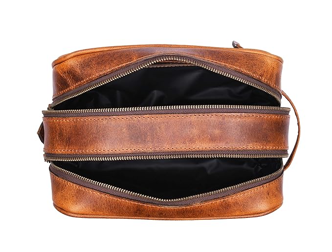 Aaron Leather Goods Leather Toiletry Bag for Men and Women Brown 10.5 Inch (Caramel)