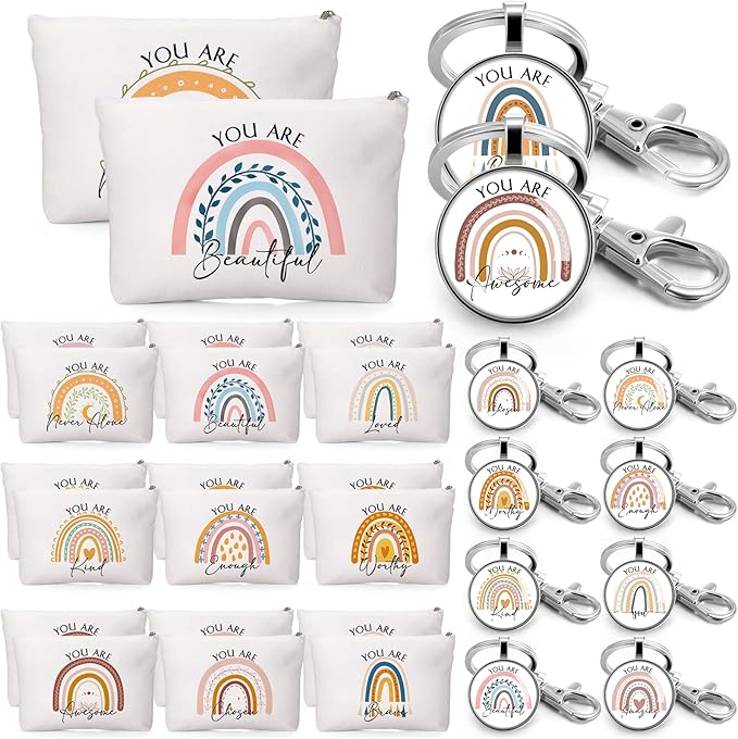 Sieral 40 Pcs Rainbow Cosmetic Bags Rainbow Keychains Set Inspirational Canvas Cosmetic Bags Bulk You are Amazing Makeup Bag Motivational Keychains for Women Teacher Students Coworker Thank You Gift