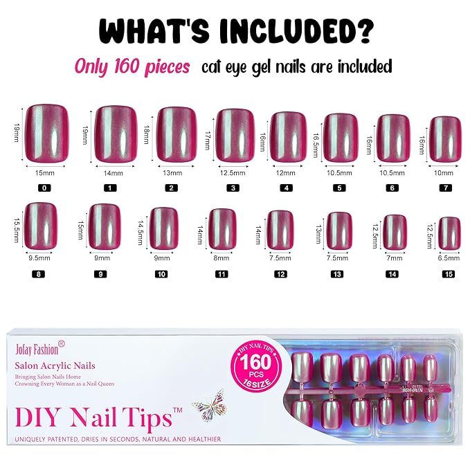 Press on Nails Pink Chrome- Jofay Fashion Press on Nails Short Square, Stick On Nails in 16 Sizes -160PCS Soft Gel Fake Nails Kit for Valentines Day Gift