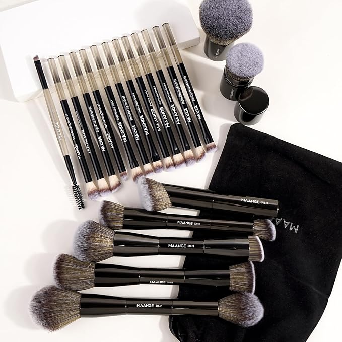 MAANGE 20 PCS Foundation Makeup Brush Set, Double-ended Kabuki Contour Brush for Liquid Powder Concealer Blending Blush Face Makeup Tools (Black)