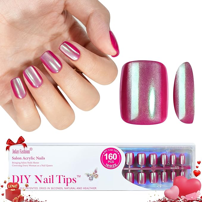 Press on Nails Pink Chrome- Jofay Fashion Press on Nails Short Square, Stick On Nails in 16 Sizes -160PCS Soft Gel Fake Nails Kit for Valentines Day Gift