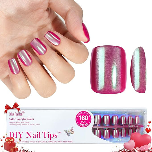 Press on Nails Pink Chrome- Jofay Fashion Press on Nails Short Square, Stick On Nails in 16 Sizes -160PCS Soft Gel Fake Nails Kit for Valentines Day Gift