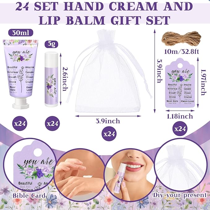 24 Sets Christian Hand Cream and Lip Balm Gift Set Christmas Christian Gift for Women Travel Size Hand Lotion Bible Verse Lip Balm Bulk for Baby Bridal Shower Mom Holiday Gift(Classic)