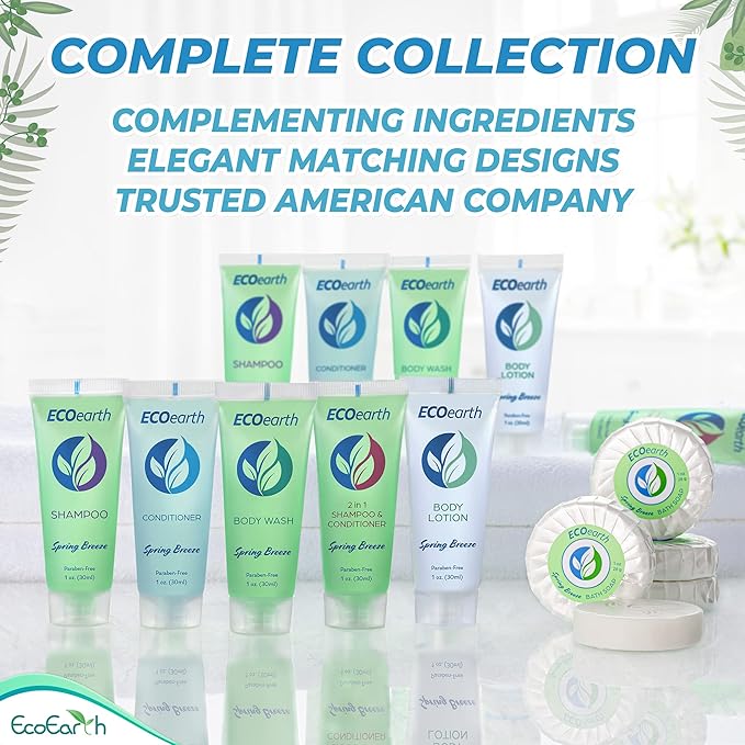 EcoEarth Hotel Toiletries Bundle (Spring Breeze, 1 oz Each, 250 Pieces) 5-Piece Set: 50 Each Round Bar Soap, Shampoo, Conditioner, Body Lotion & Body Wash - Bulk Mini Guest Amenities