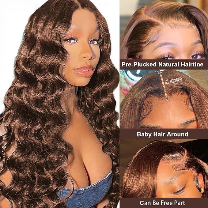 34 Inch Brown Loose Deep Wave Lace Front Wigs Human Hair For Women 180% Density 13x4 Chocolate Brown Hd Transparent Loose Wave Lace Frontal Wigs Human Hair Pre Plucked With Baby Hair