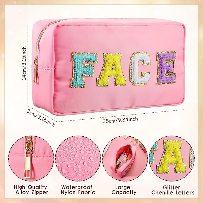 Remerry 4 Pcs Makeup Bag Travel Cosmetic Bag Organization Chenille Letter Toiletries Stuff Pouch Preppy Waterproof Gift for Women Girl Teen (Colorful,Face Skin Hair Stuff)