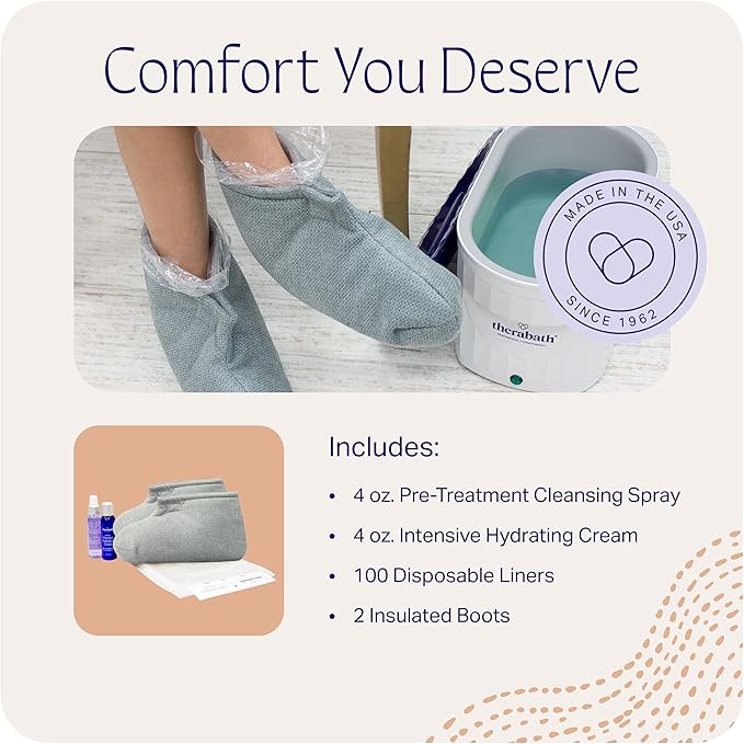 Therabath Foot ComforKit for Paraffin Wax Bath, Arthritis and Skin Therapy, Includes 2 Insulated Boots, 100 Liners, 4 oz. Pre-Treatment Spray, Intensive Hydrating Cream, for Home or Spa, Made in USA