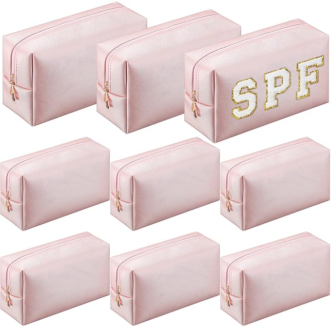Sanwuta 9 Pcs Preppy Makeup Bag PU Leather Cosmetic Bag Makeup Pouch Plain Waterproof Toiletry Organizers for Traveling Preppy Travel Purse End of the Year Teacher Gifts Bulk(Rose Gold)