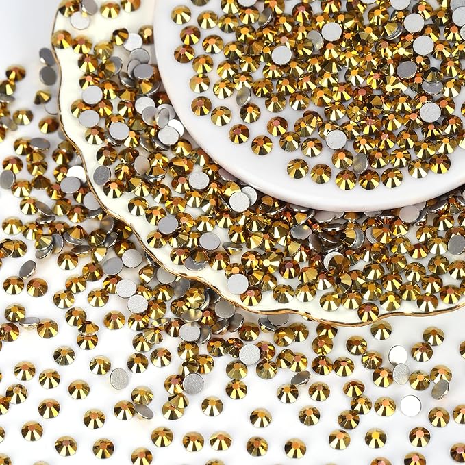 10000PCS Gold Rhinestones Bulk, Flat Back Crystal Glass Stone Round Gems,SS10, 2.7-2.9mm