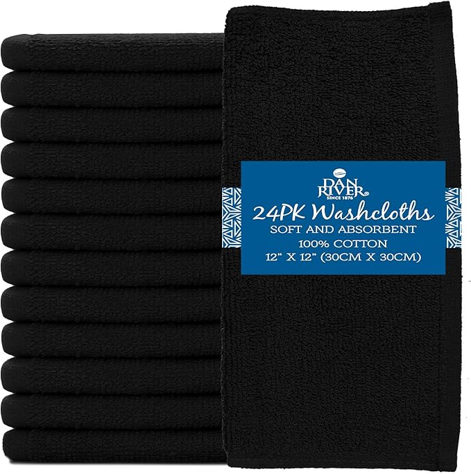 DAN RIVER 100% Cotton Washcloths 24 Pack Premium Quality Face and Body Cloth, Quick Dry Essential Towels for Bathroom, Hand, Kitchen & Cleaning, Baby Washcloths | 12X12 in | 400 GSM | Black